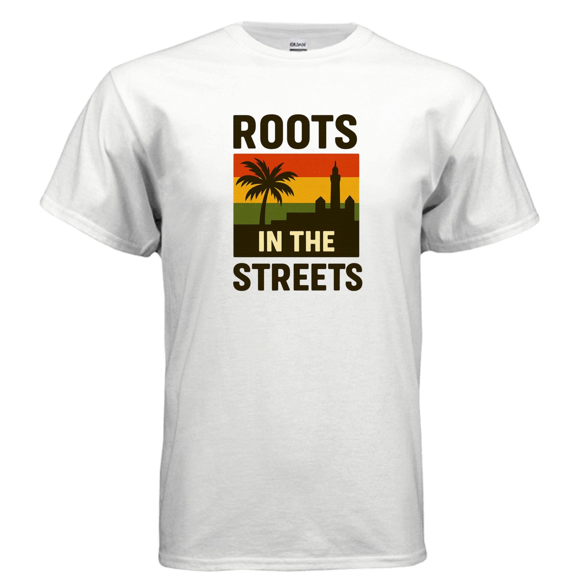 White t-shirt with 'Roots in the Streets' graphic design on a white background