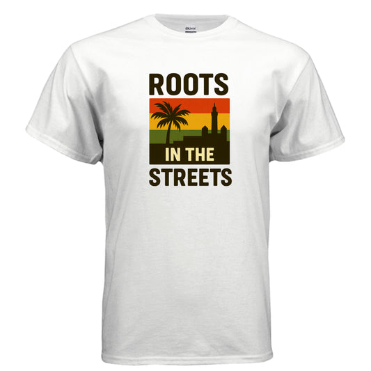 White t-shirt with 'Roots in the Streets' graphic design on a white background