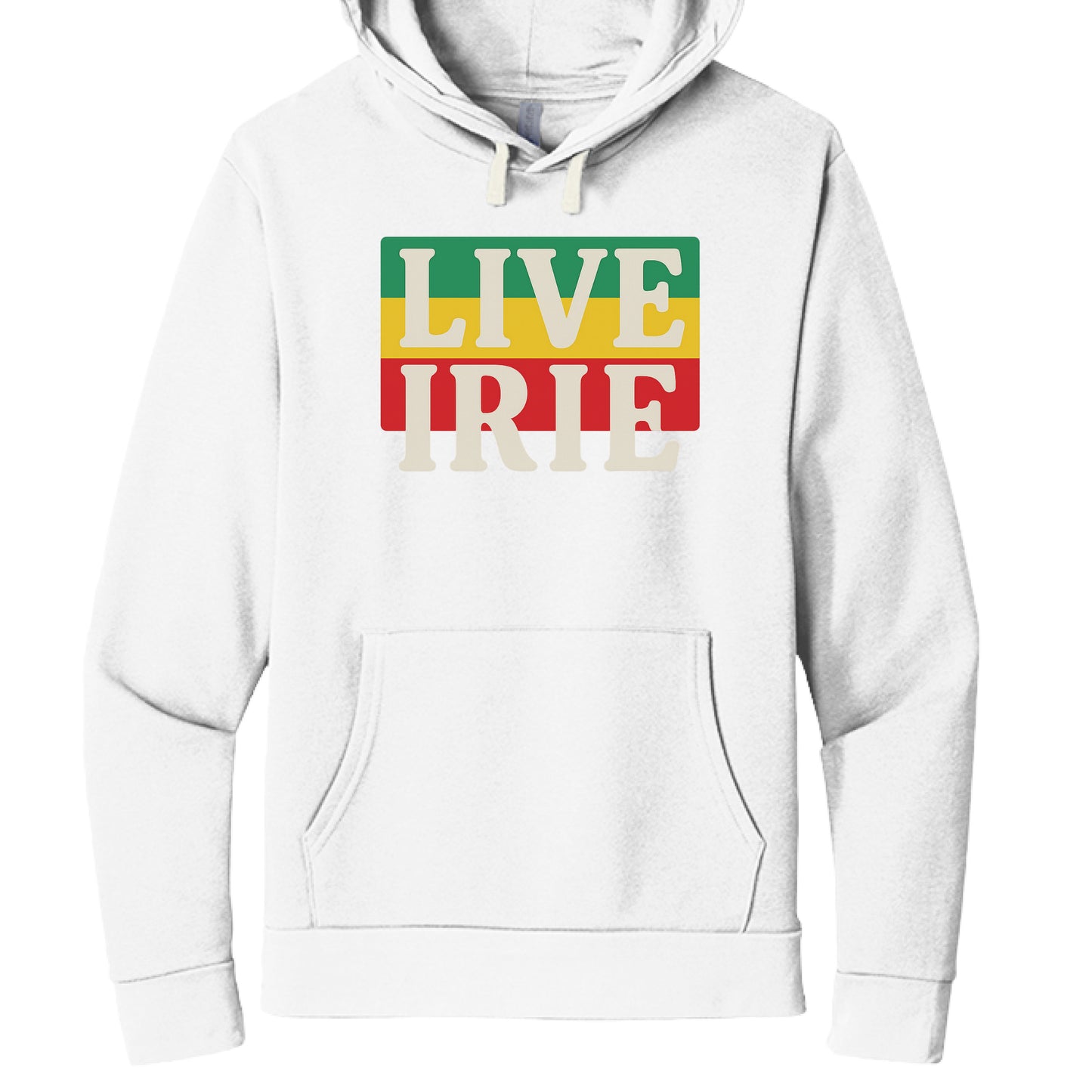White hoodie with 'LIVE IRIE' text in Rastafarian colors on a white background