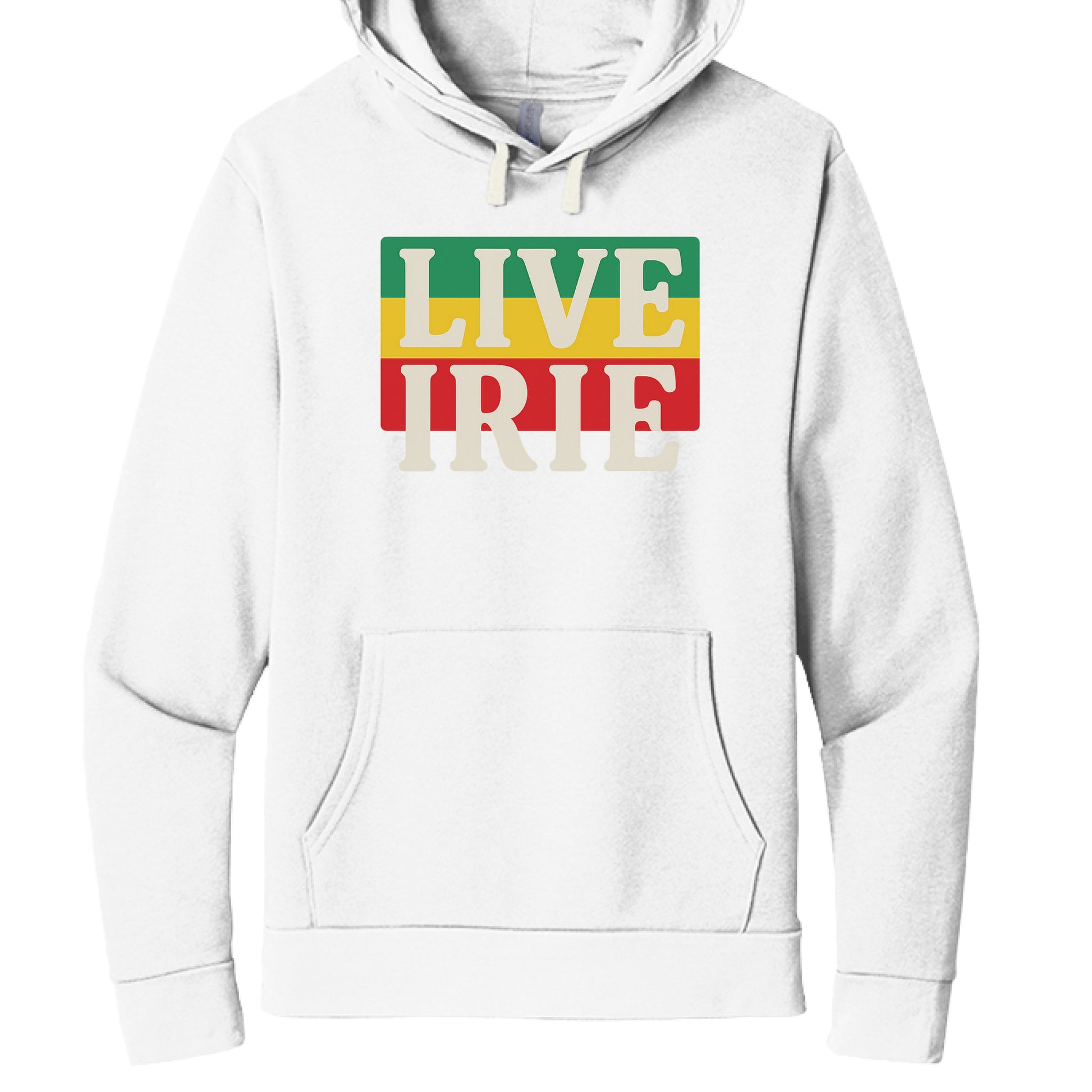 White hoodie with 'LIVE IRIE' text in Rastafarian colors on a white background