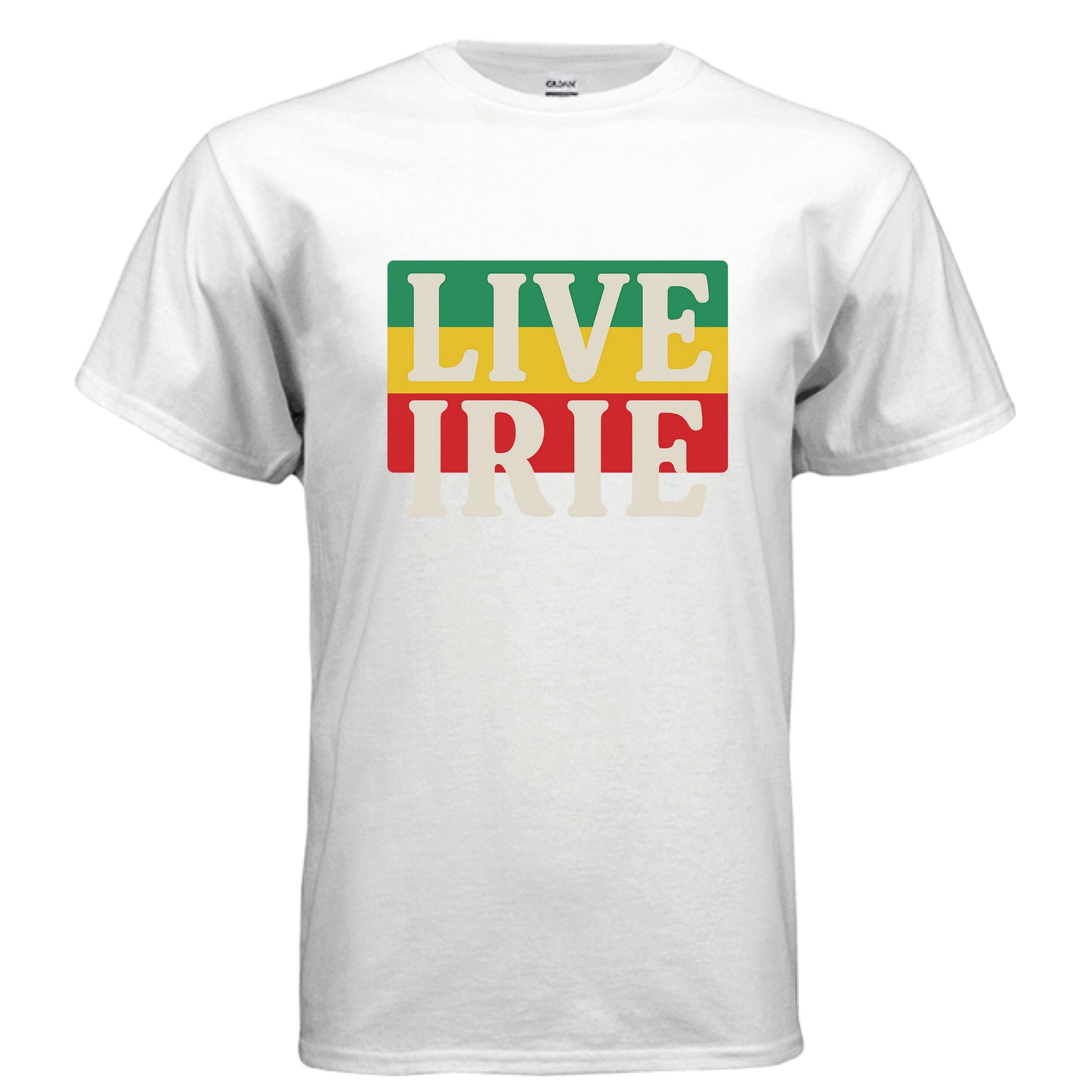 White t-shirt with 'LIVE IRIE' text in Rastafarian colors on a white background