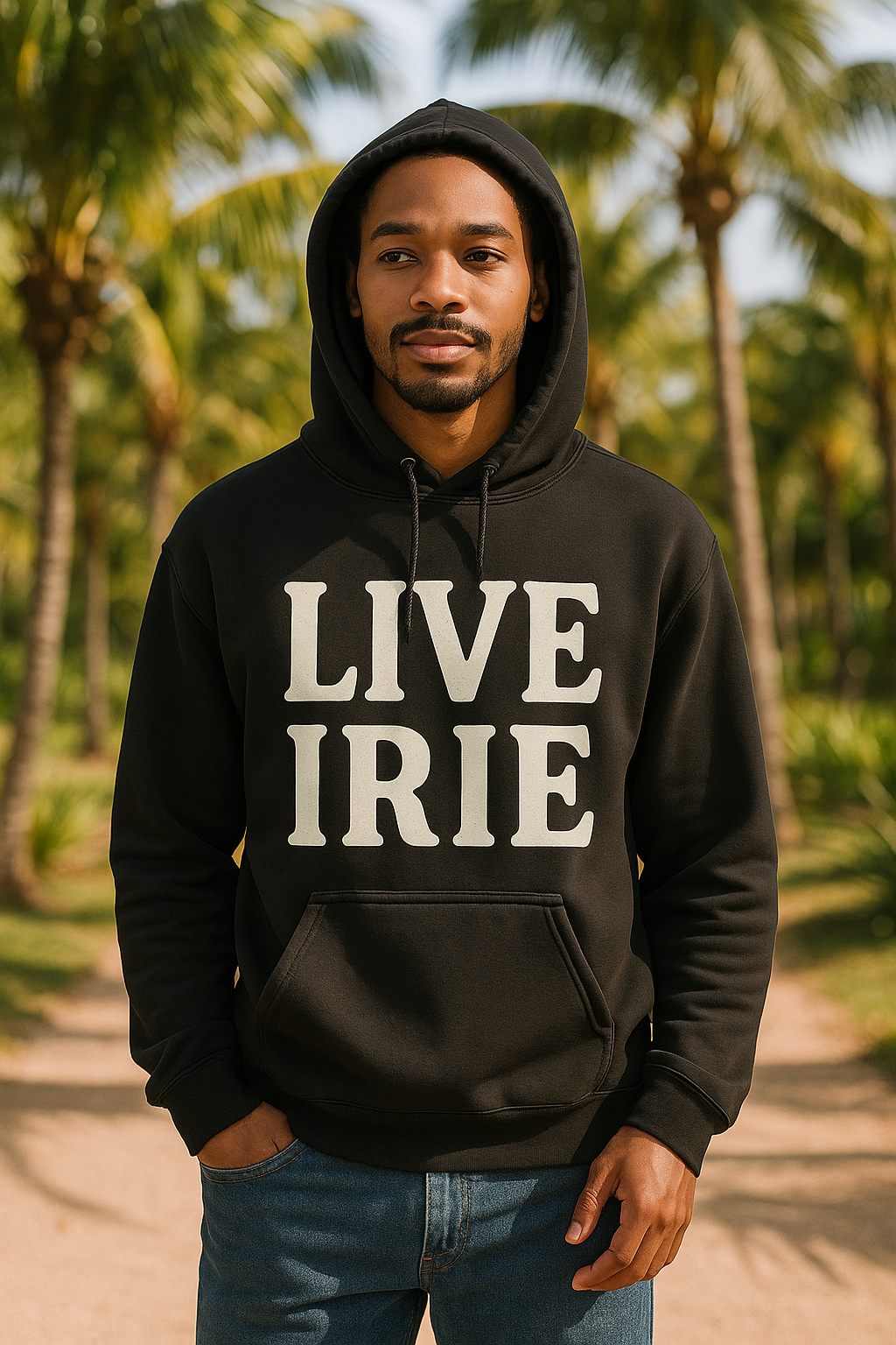 Man wearing a black hoodie with 'LIVE IRIE' text in a tropical setting